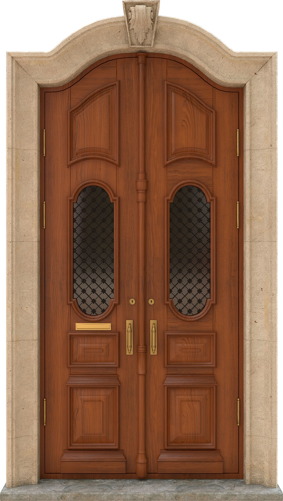 Historische Eingangstür aus braunem Holz mit Umrandung aus Naturstein