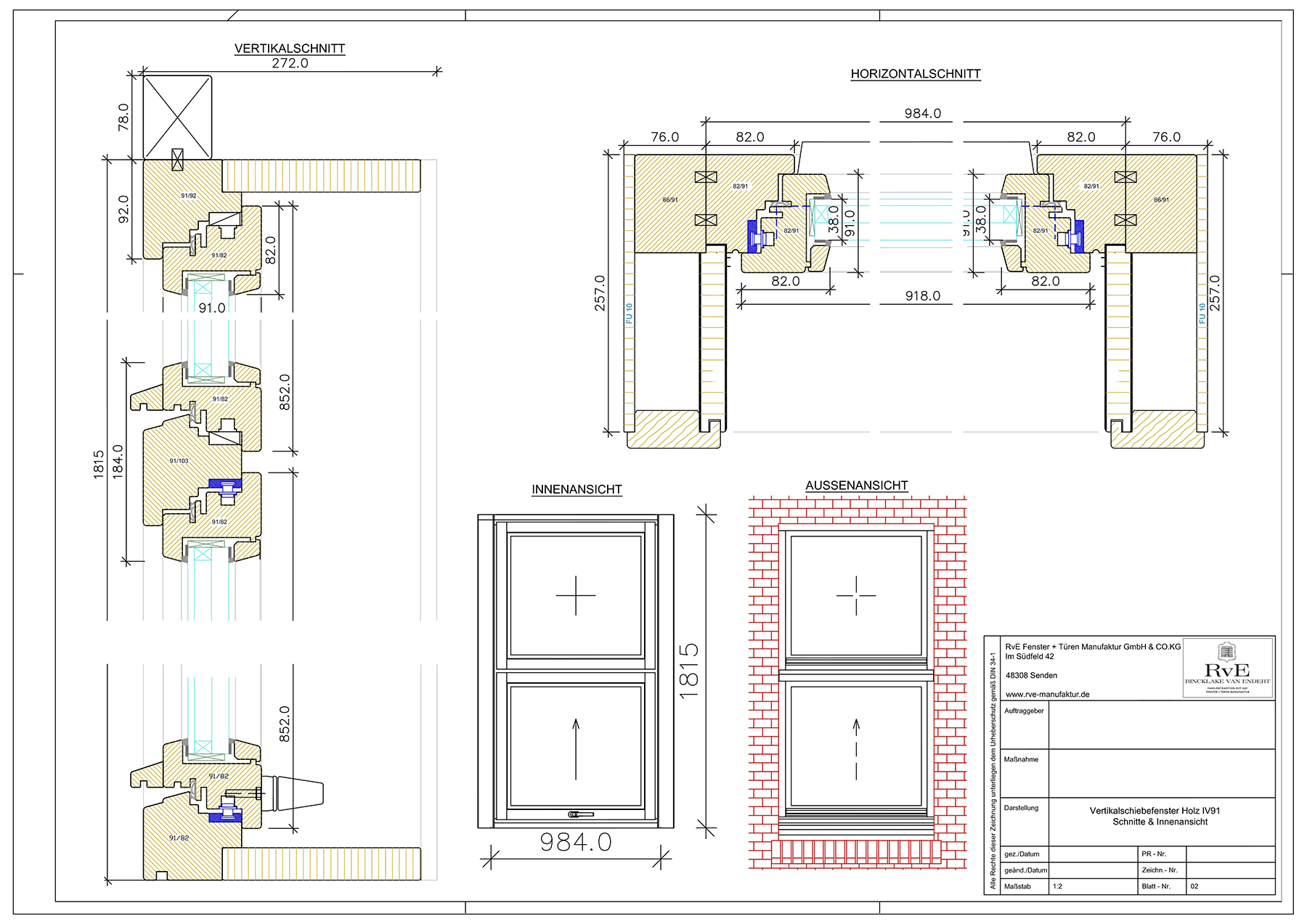 Vertikalschiebefenster Holz Technische Zeichnung