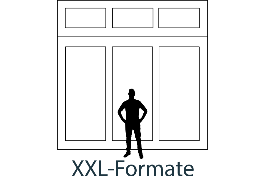 Vektorgrafik, Mensch vor übergroßem Fenster, Unterschrift: XXL-Formate